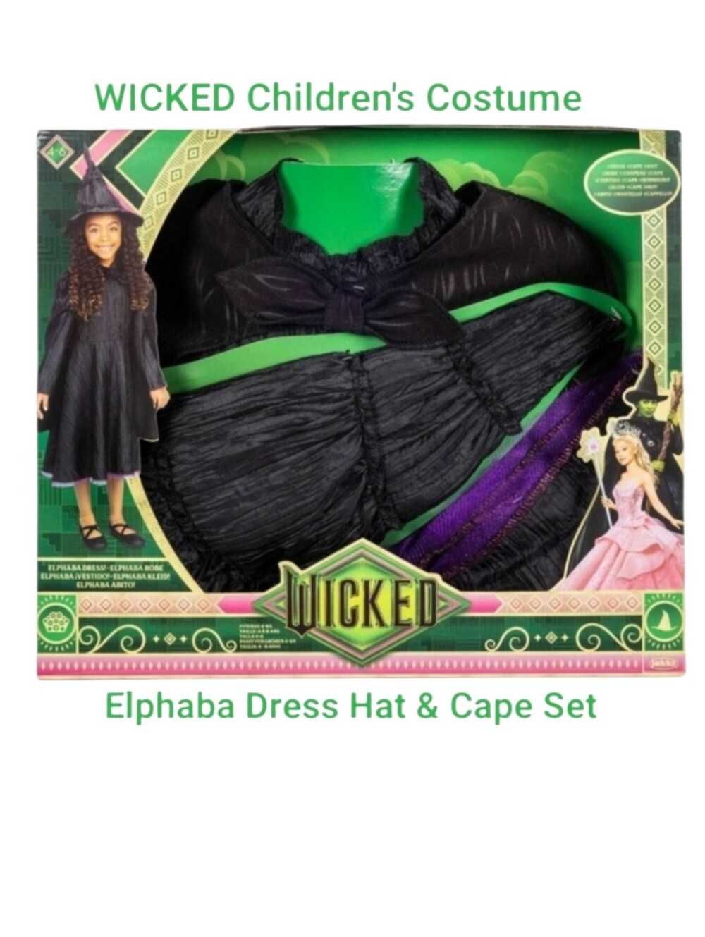 Wicked Elphaba Costume Kids 4-6X Halloween Dress Cape Hat New